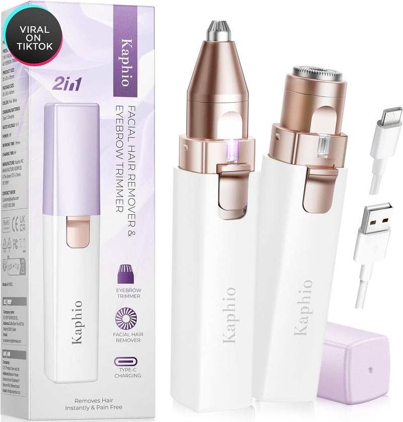 Kaphio Facial Hair Removal for Women: Electric Eyebrow Trimmer & Hair Removal Device - 2 in 1 Rechargeable Face Shaver Painless Eyebrow Shaper for Upper Lip Chin Peach Fuzz brow (Purple) - Image 1